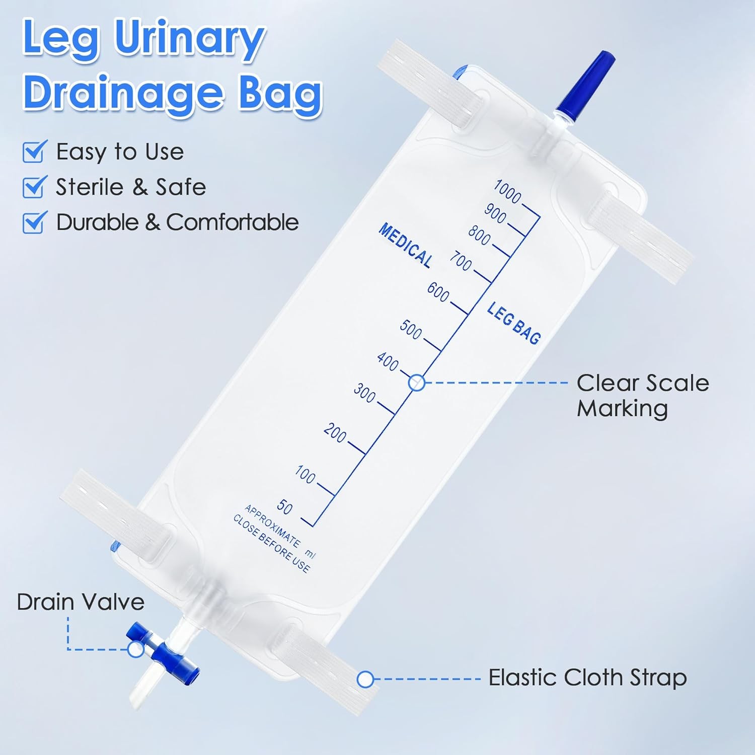 5 Pack 33.8oz/1000ml Leg Bag Urinary Drainage Bag with Cloth Straps, Leg Cathete