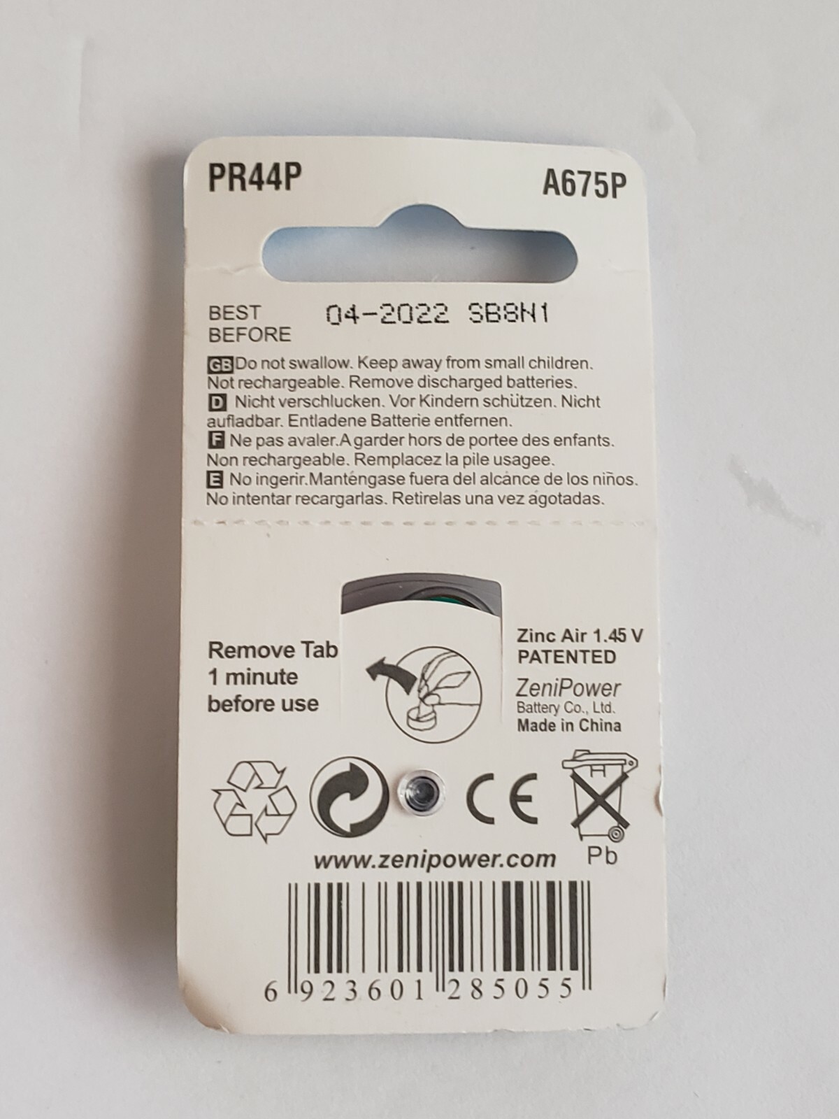 ZeniPower MF A675P Size Hearing Aid Batteries Cochlear Implant PR44P BBD 4/2022