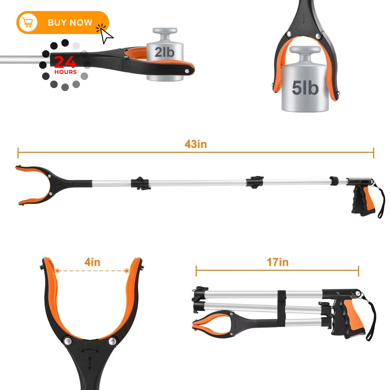 43″ Extra Long Grabber Tool, Foldable Grabbers for Elderly 43 Inch, Orange