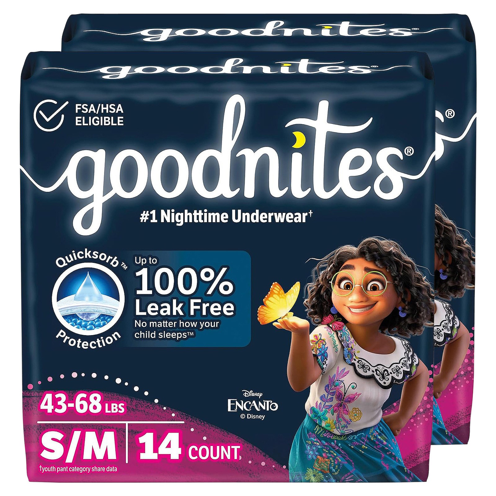 2 Pack Goodnites Girls Nighttime Bedwetting Underwear S/M 43-68 lbs 28 Ct Total