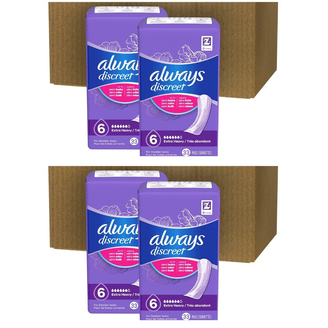 4X Always Discreet Adult Extra Heavy Regular Incontinence Pads, Size 6 – 33 CT