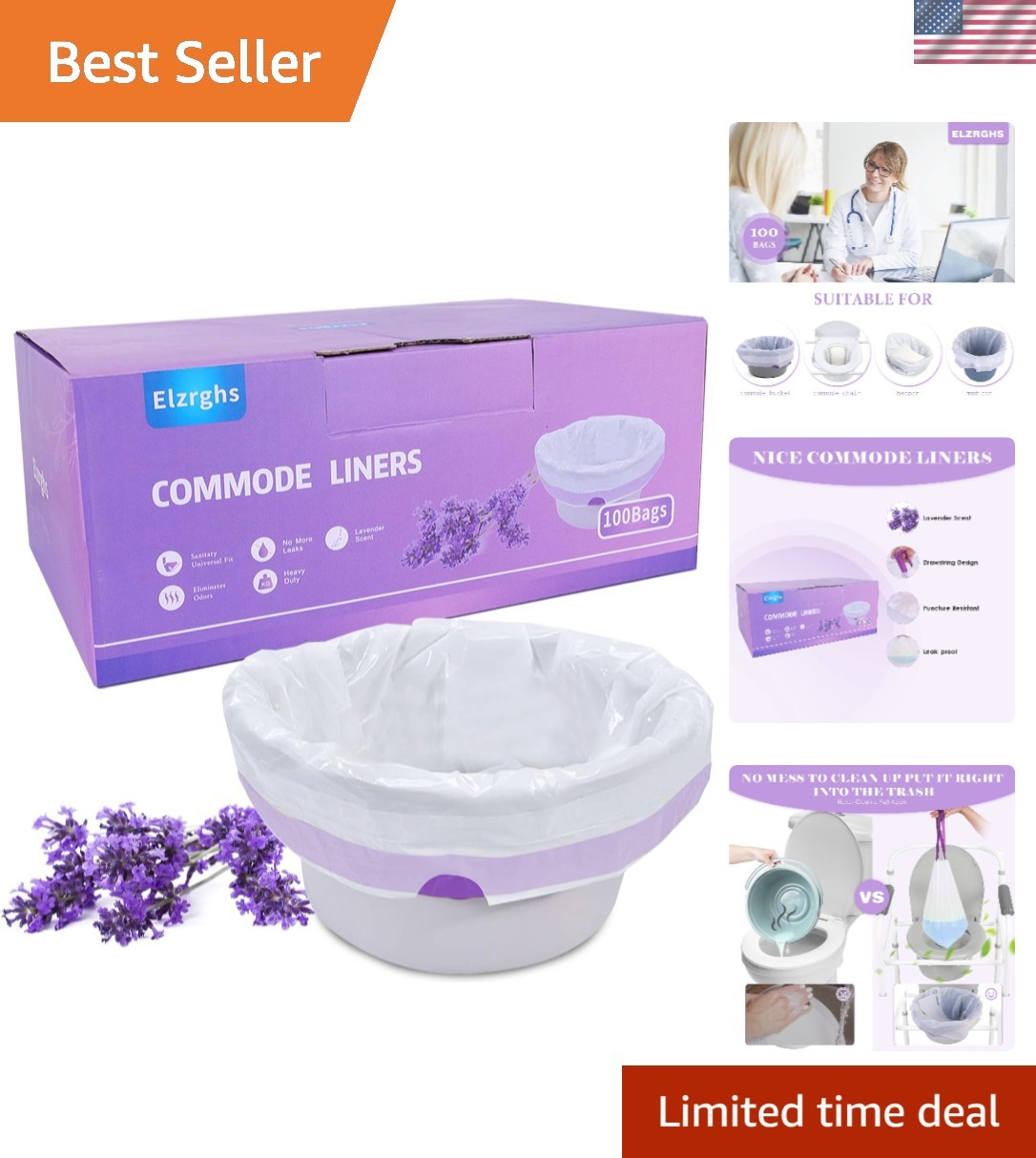 Convenient Drawstring Disposable Commode Liners – 100 Count Lavender Scented