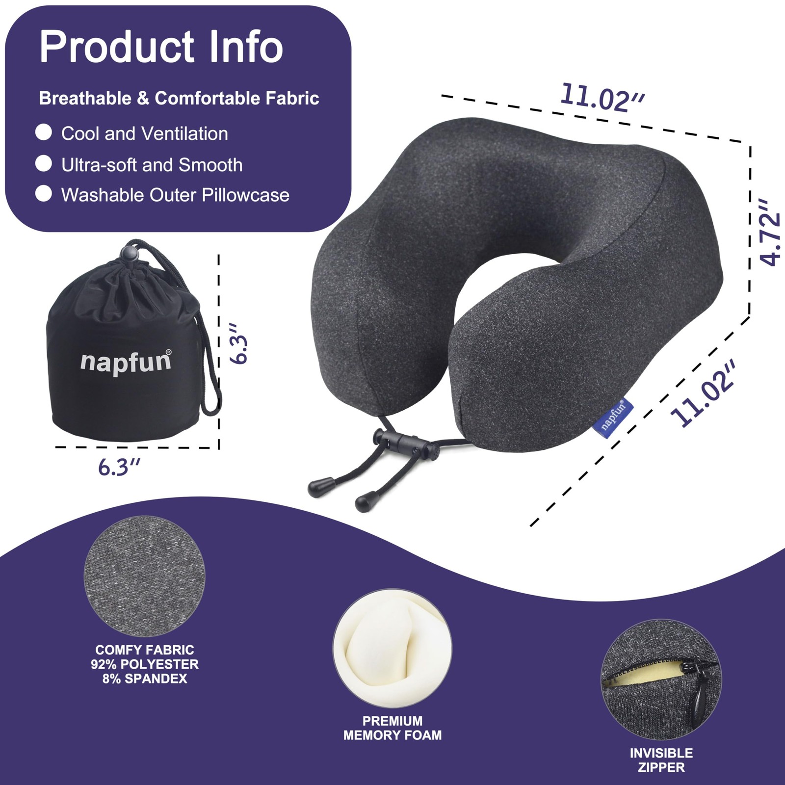 napfun Neck Pillow for Traveling, Upgraded Travel 1 Count (Pack of 1), Black