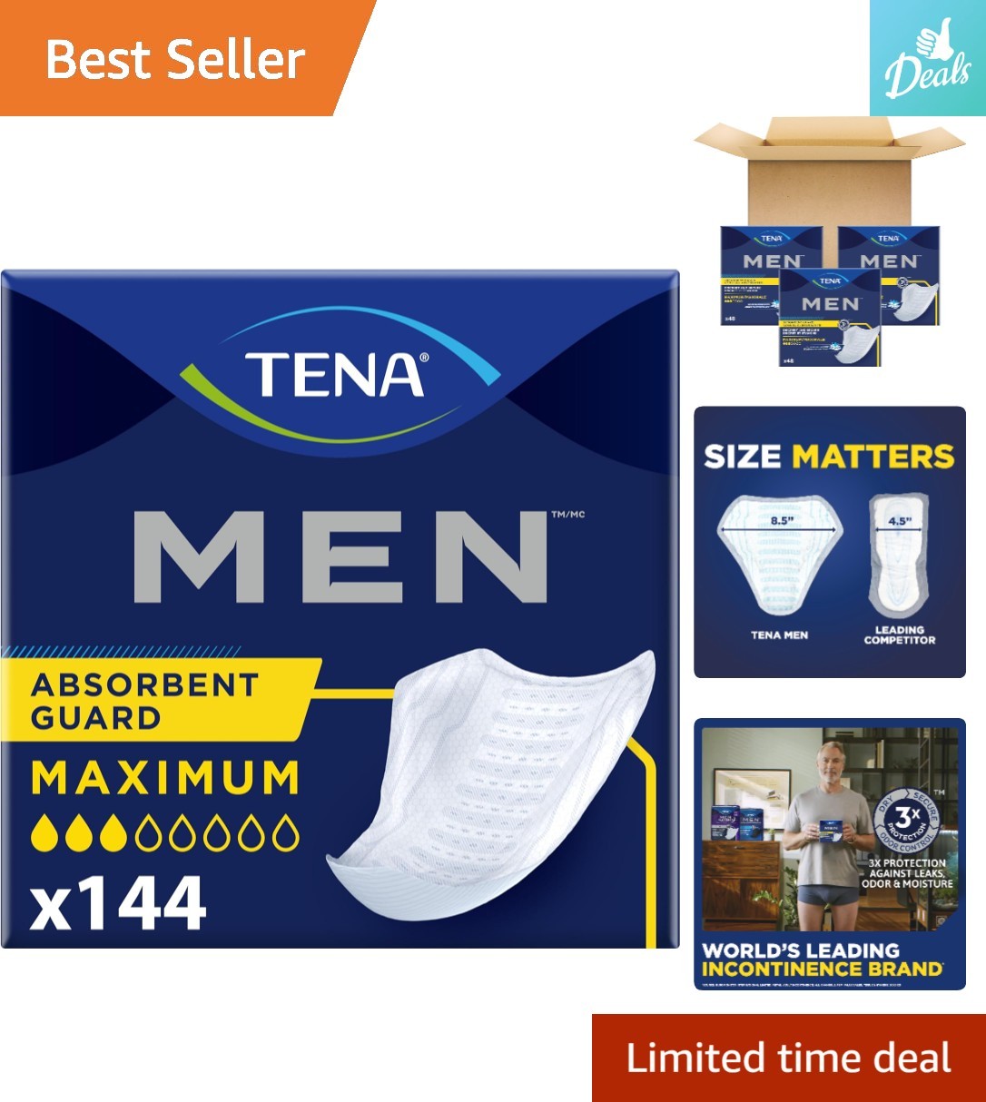 TENA Men Maximum Absorbency Incontinence Guards – 144 Count Discreet Protectors