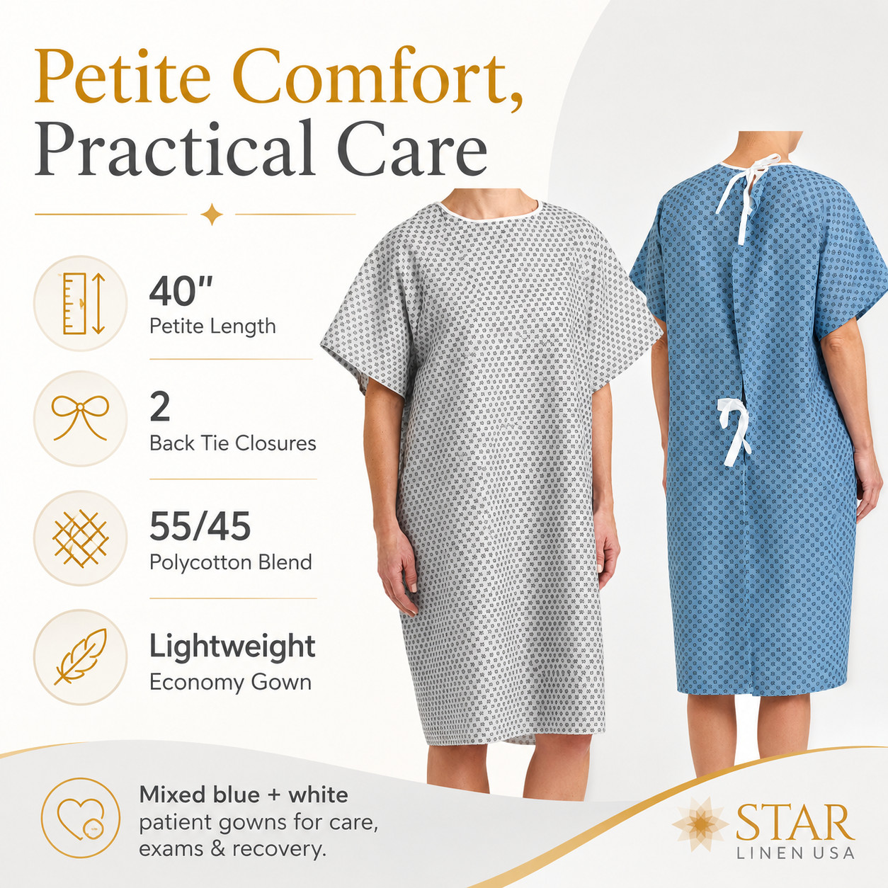 Petite Hospital Patient Medical Exam Gowns | Back Tie Closures Both Blue & White