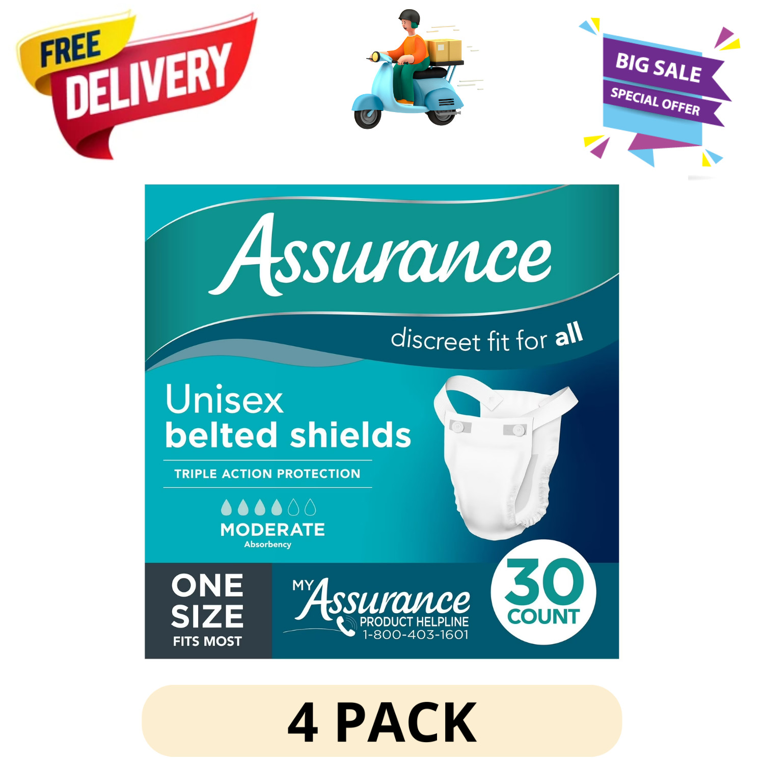 (4 Pack) Assurance Belted Incontinence Shield Unisex Moderate Absorbency 30Count