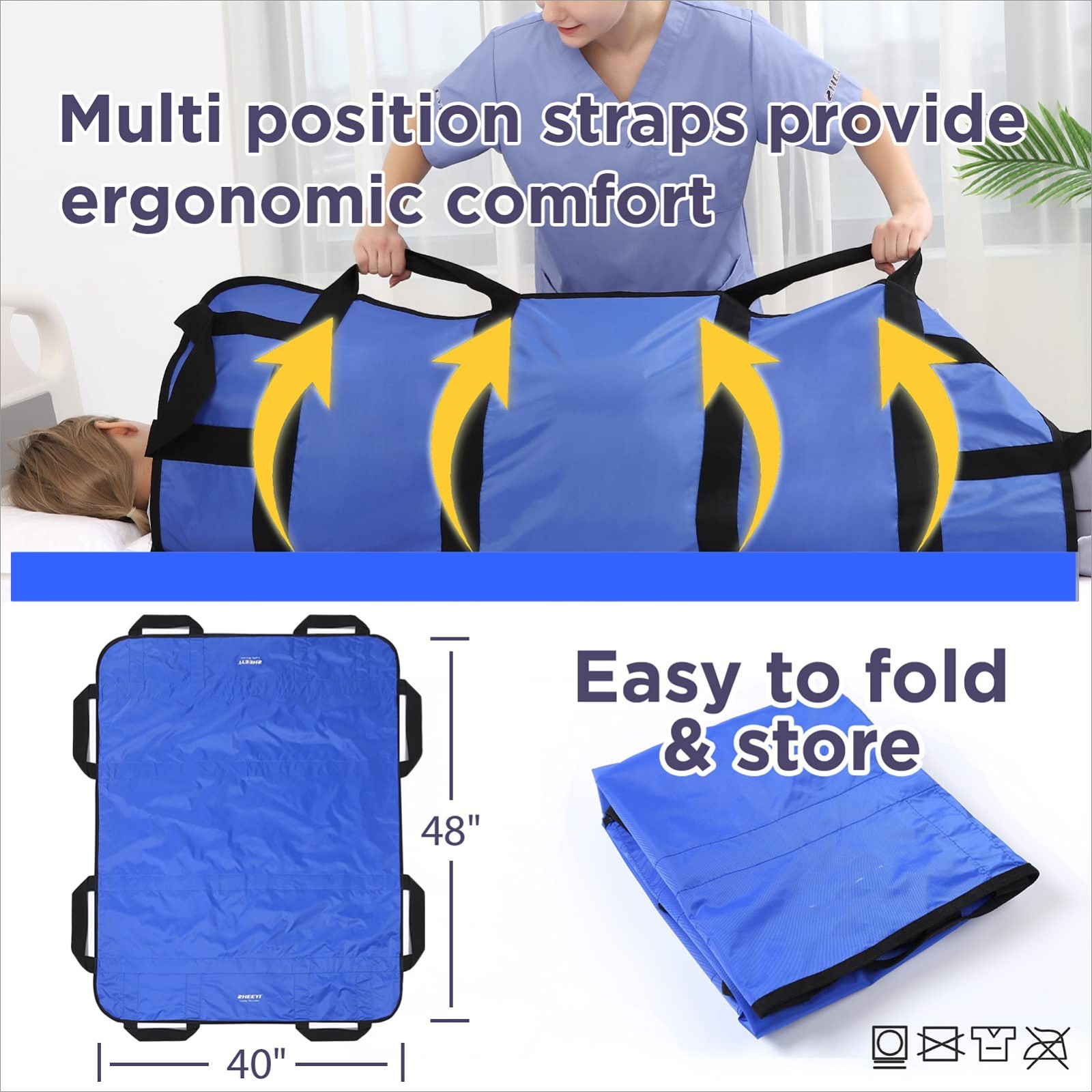72″x40″ Positioning Bed Pad with Reinforced Handles Reusable Washable Blue