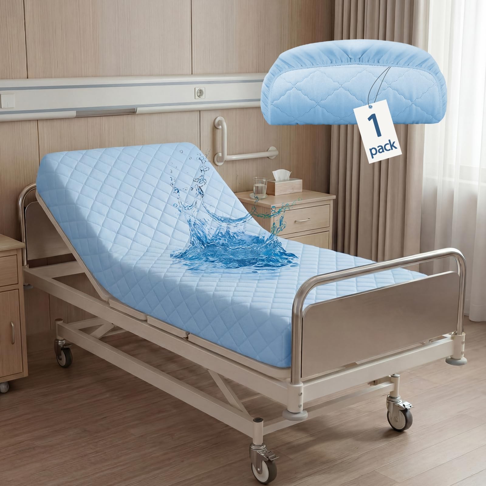 1 Pack Waterproof Hospital Mattress Cover, 80x36x12in Blue Fitted Bed Protect…