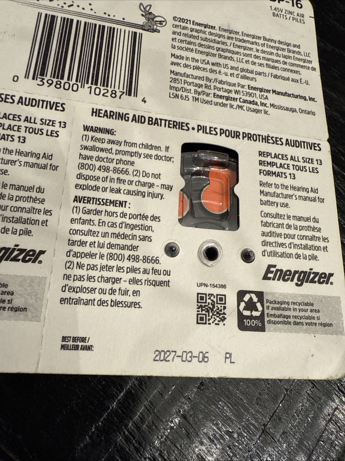 Energizer Size 13 Hearing Aid Batteries – NEW – 16 Batteries 3/6/27 Expires