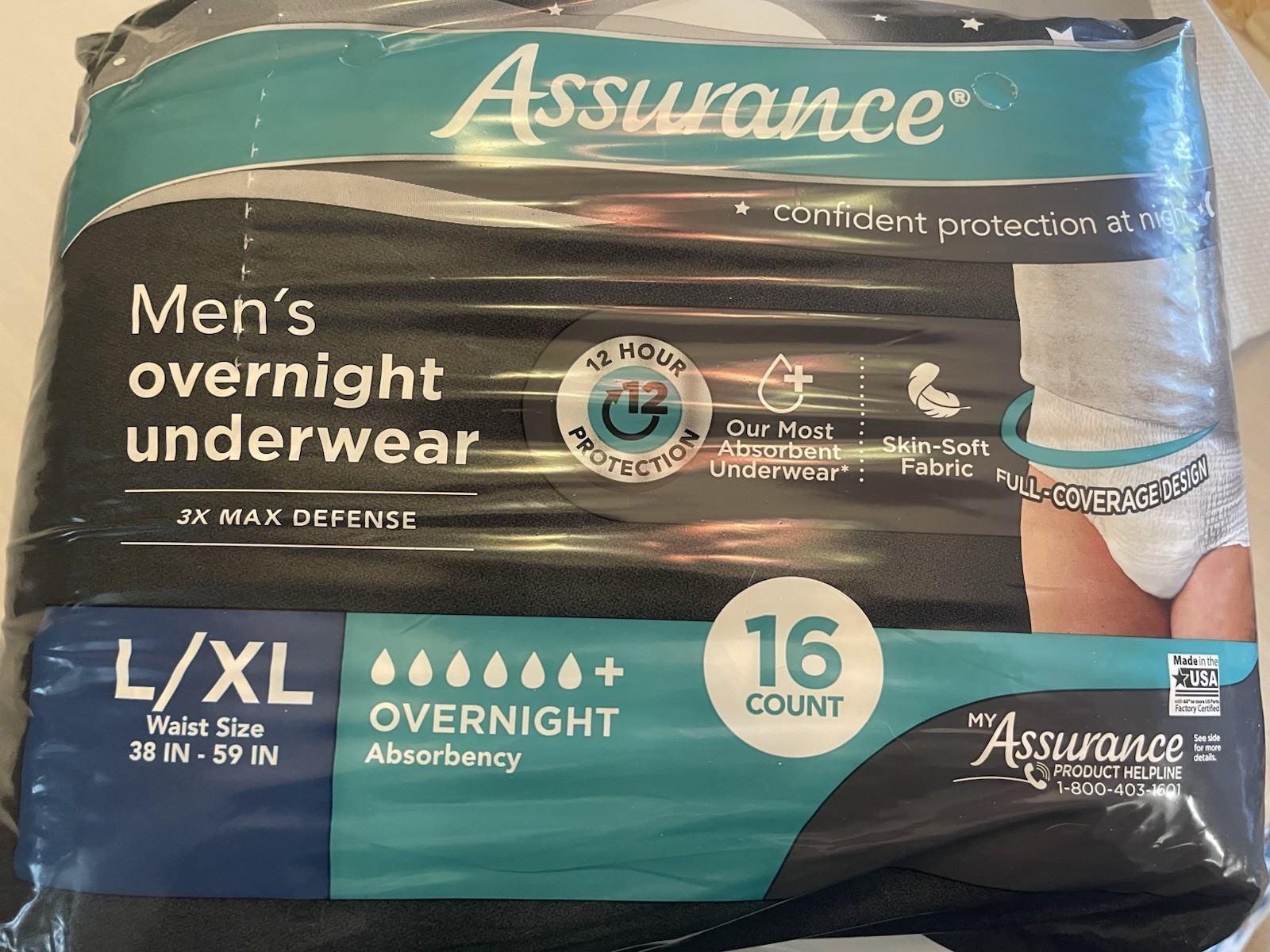 Assurance Men’s Overnight Disposable Underwear Size L/XL 16 Count