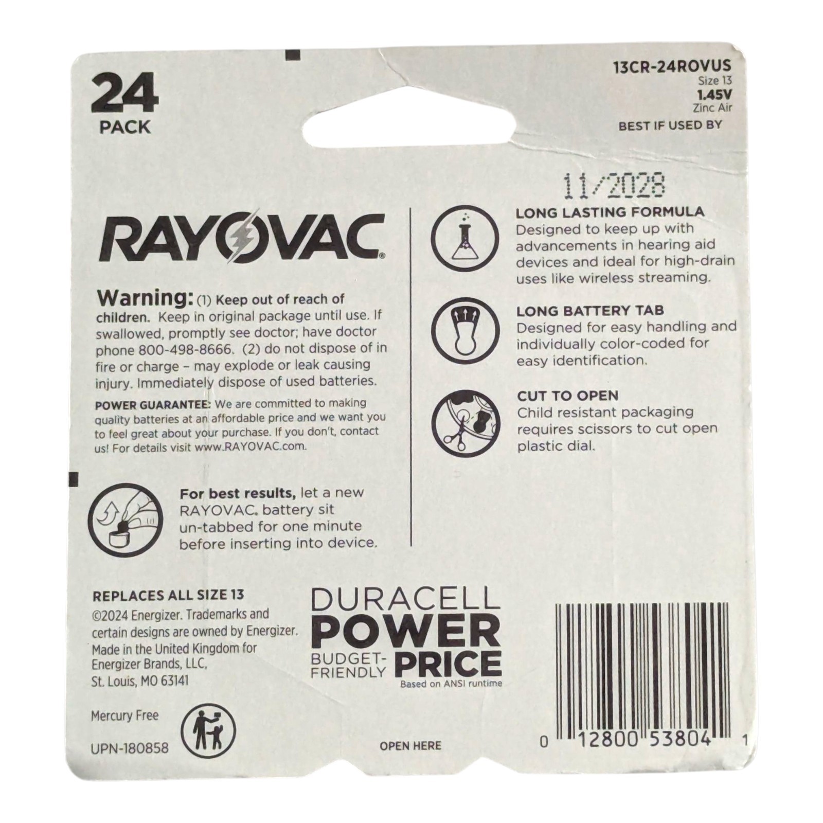 Rayovac Hearing Aid Batteries-24 Pack Sz. 13 1.45V Expiration Date Nov 2028 2 Pk