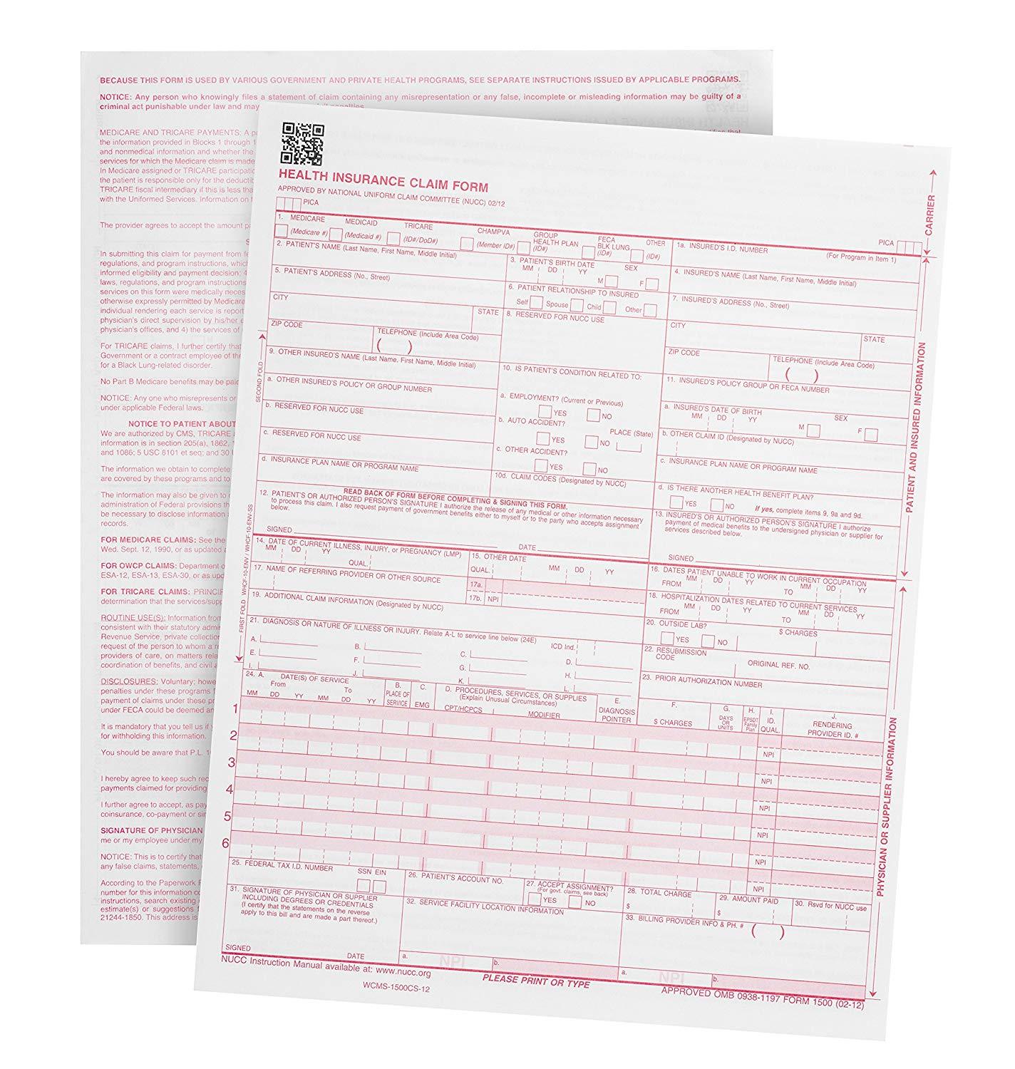 500 CMS-1500 Claim Forms – Current HCFA 02/2012 Version 500 Sheets 8.5 x 11