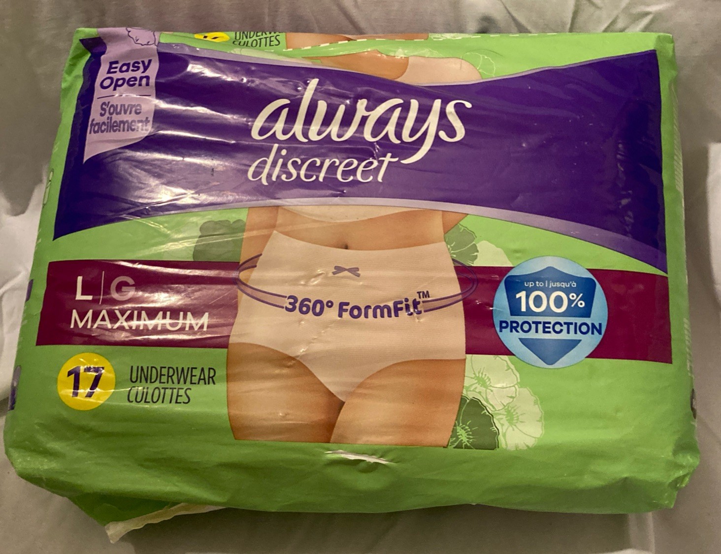 Always Discreet 360 Form Fit, Incontinence PU’s ,Women, Lg, 38”-50”, 17 Ct, New