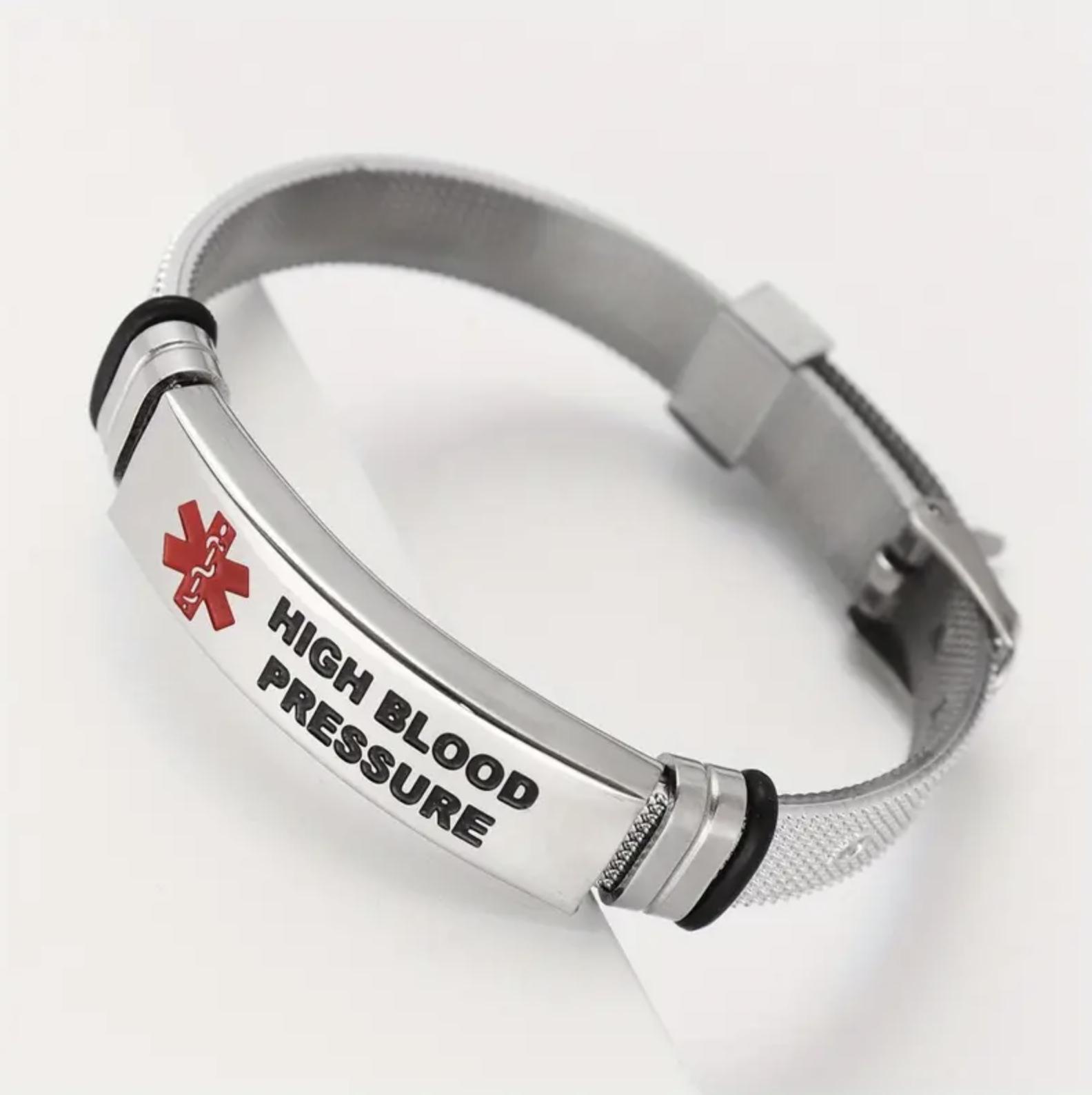 Medical Alert ID Tag High Blood Pressure Stainless Steel Mesh Adjustable Band