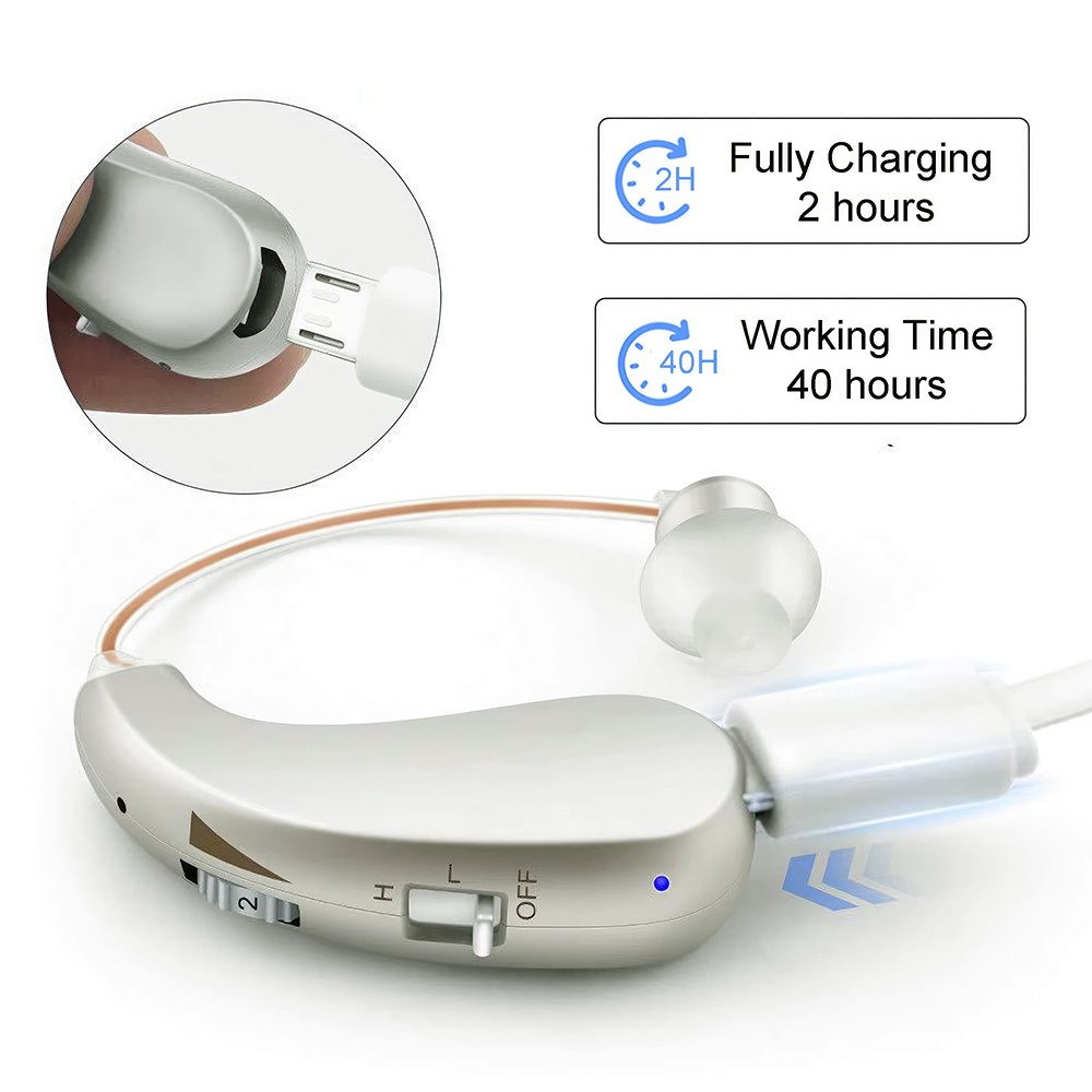 1 Pair Digital Hearing Aid Severe Loss Rechargeable Portable BTE Ear Aids 40Hrs