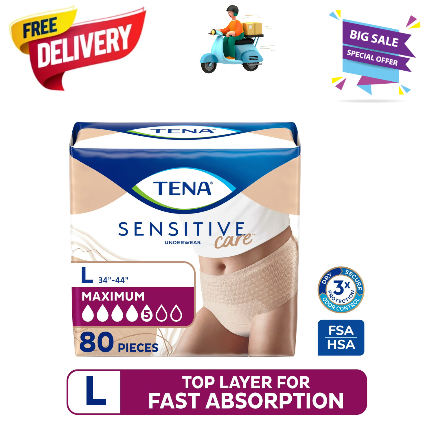 TENA Sensitive Care Underwear L 80Ct Maximum Absorbency Adult