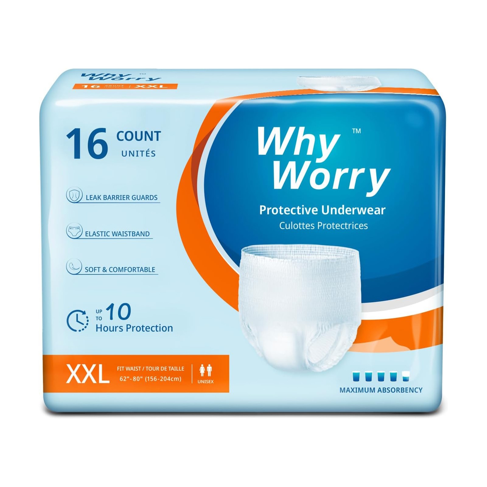 WhyWorry Incontinence Underwear, Overnight Absorbency, XXLarge, Unisex, 16 Count