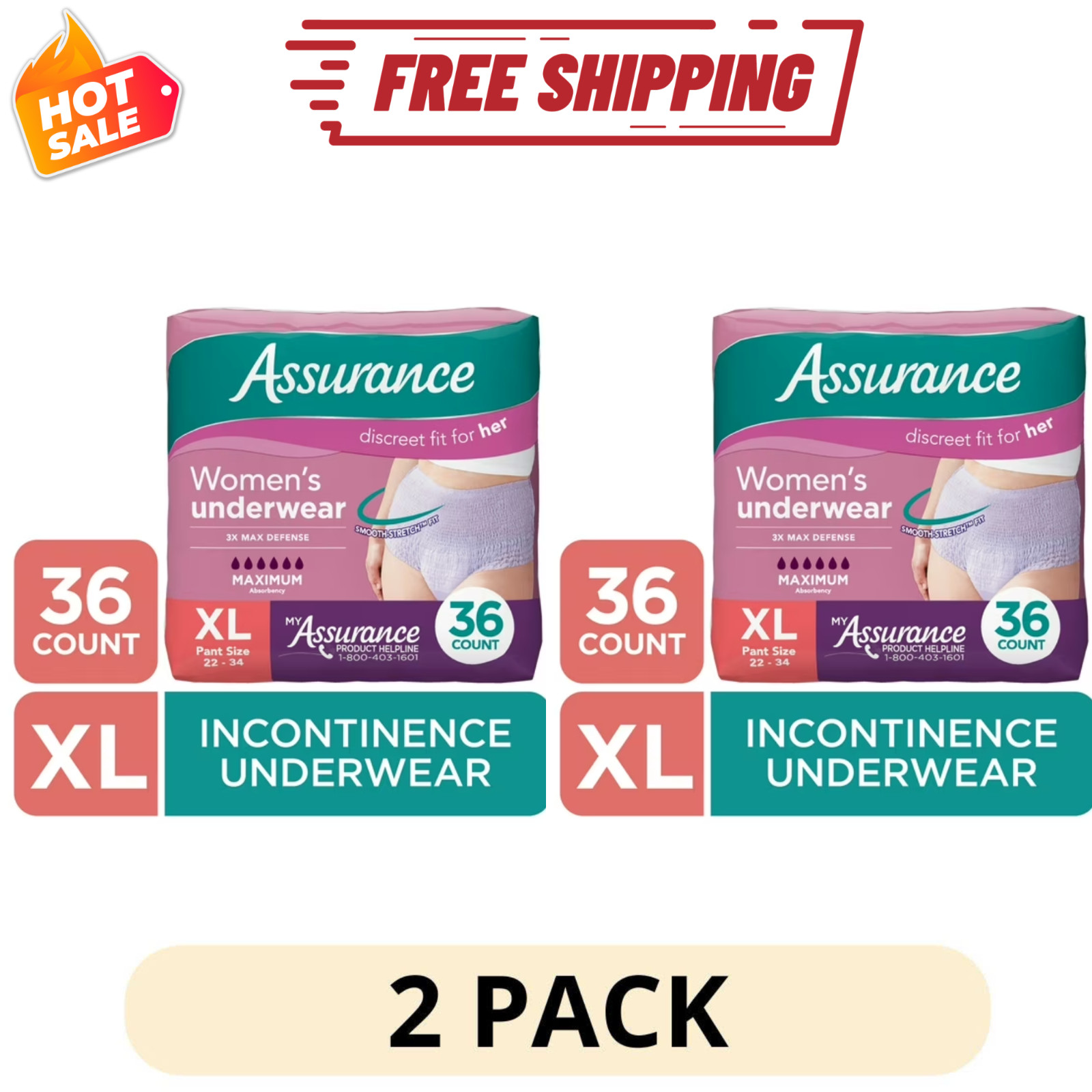 2 Pack Assurance Postpartum Incontinence Underwear for Women XL 36 Count Maximum