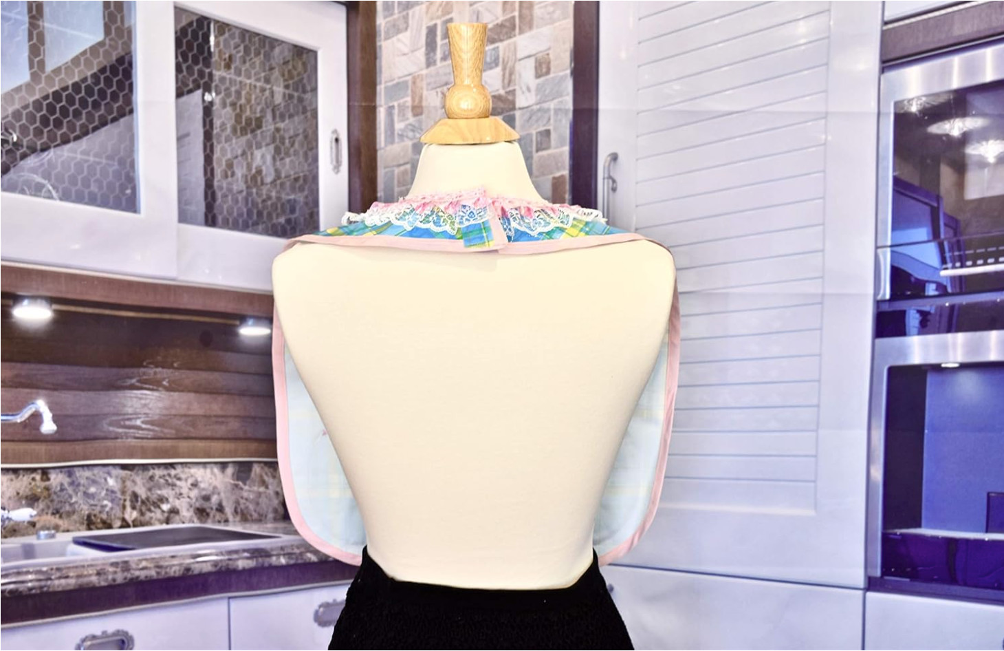 Adult Dining Oilcloth Bib,Blue Plaid,Pink Lace Collar,Loop&Hook Closure,2Pockets