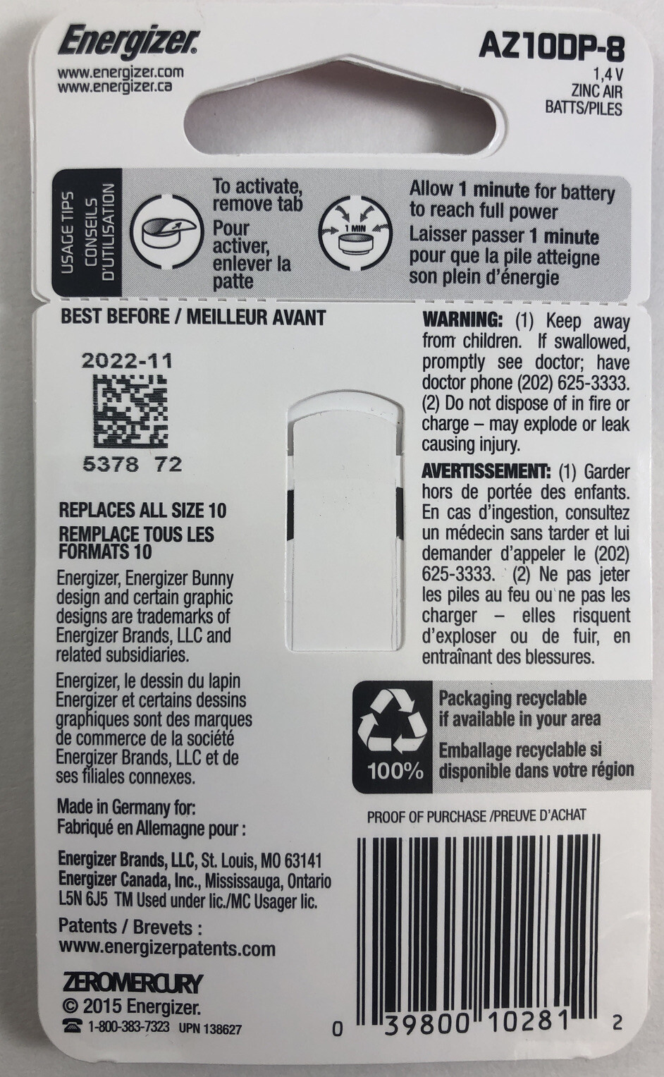 Energizer EZ Turn & Lock AZ10-DP-8 Zinc Air Hearing Aid Batteries – BB 11/2022