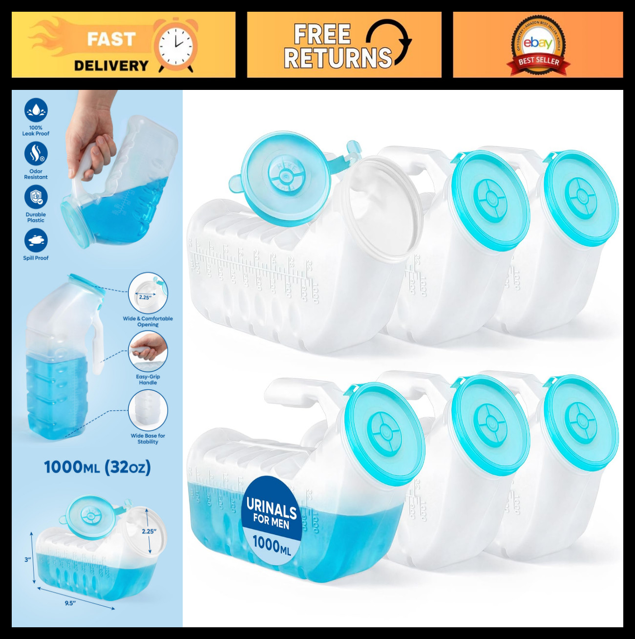 Portable Glow-in-the-Dark Urinals for Men – 6 Pack Reusable Pee Bottles, 32oz
