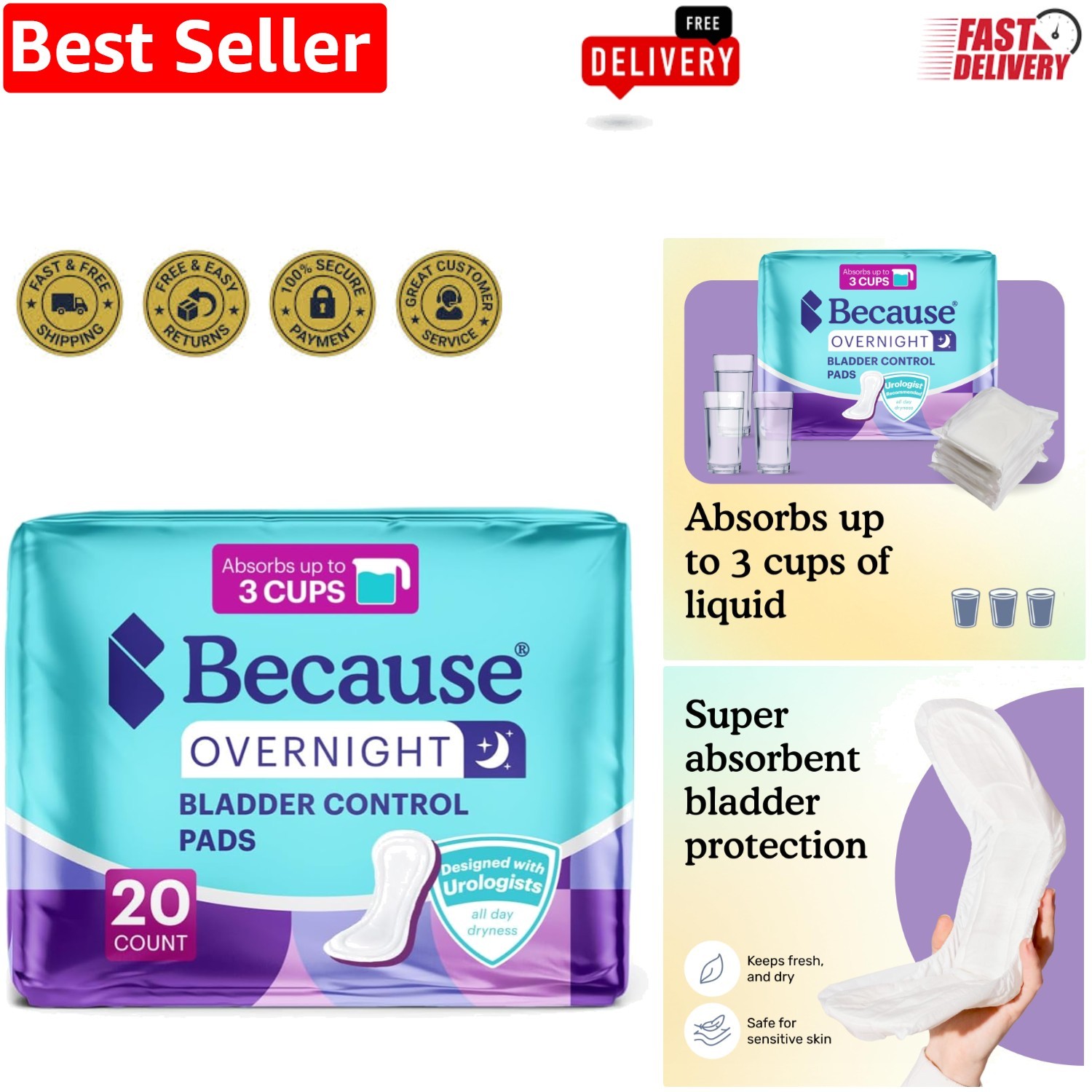 Luxury Overnight Incontinence Pads for Women – 20 Count, 14-Inch Long Protection