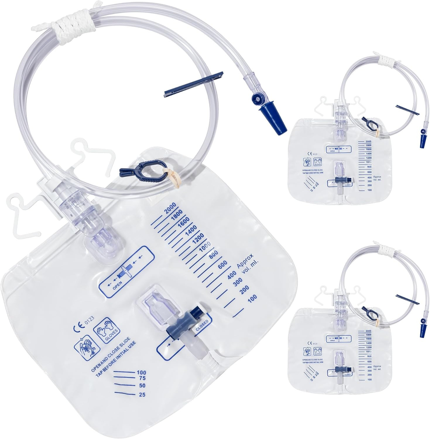 3 Pack 2000ml Catheter Bags Urinary Drainage Bags Anti Reflux with Tube