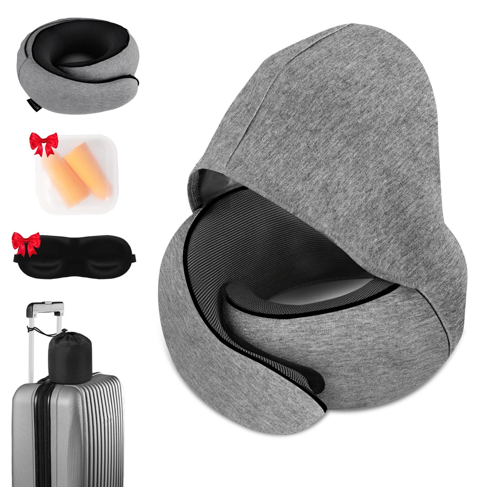 Travel Neck Pillow, Newly Upgraded Hooded Uniform code, Light Grey