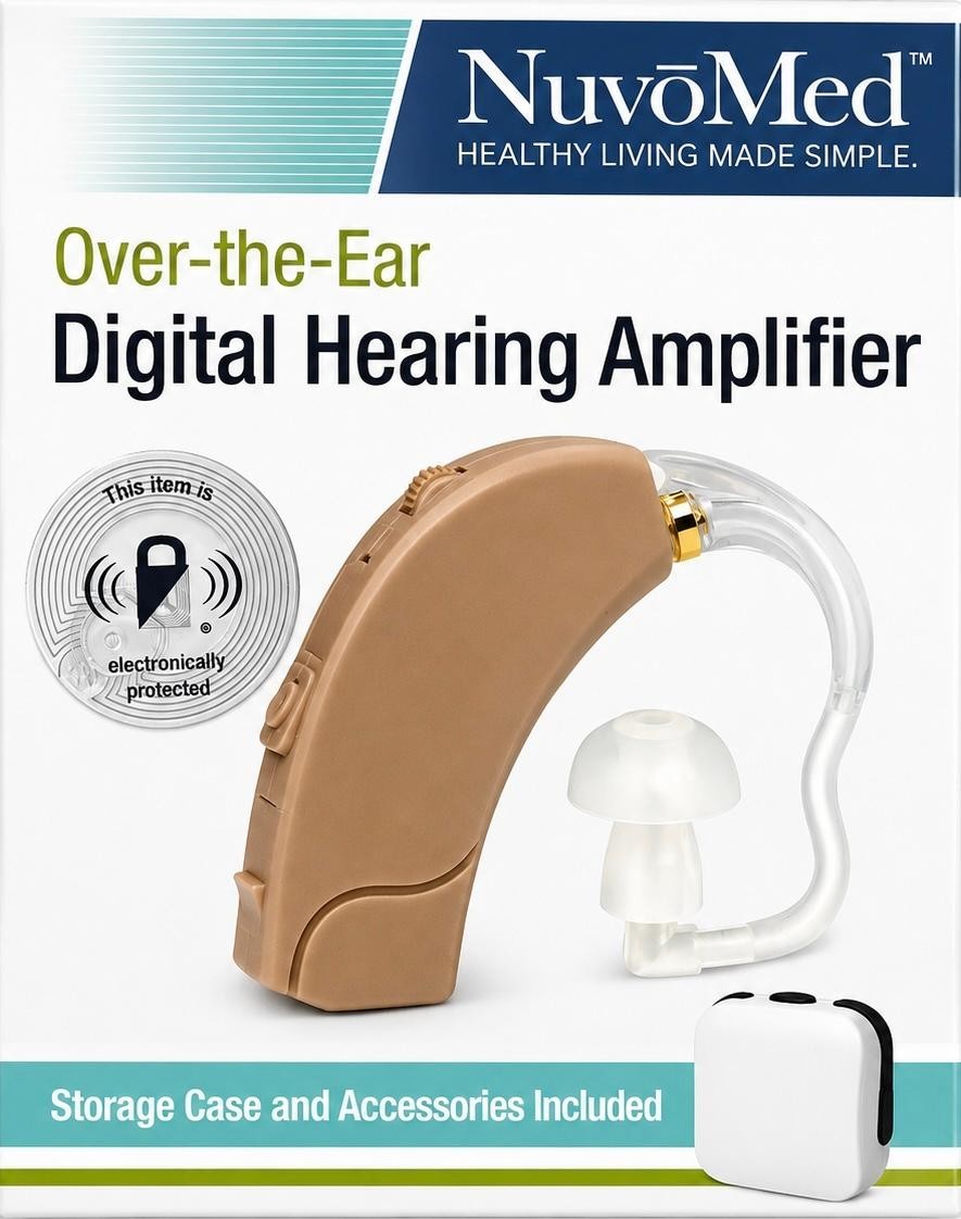 NuvoMed Over-the-Ear Rechargeable Hearing Amplifier Storage Case & Accessories