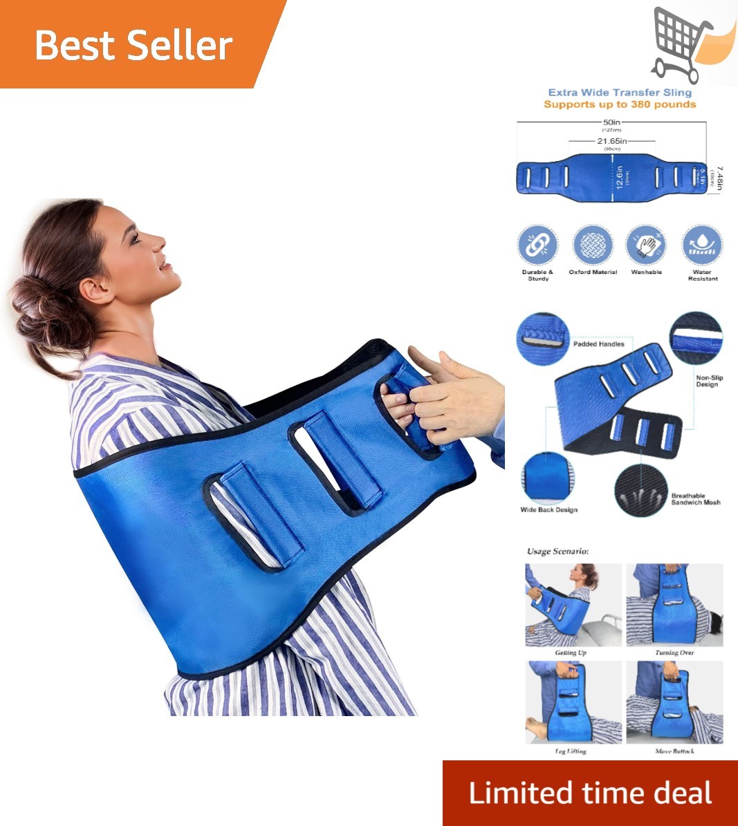 Transfer Belt Nylon Padded Gait Aid Heavy Duty Lift Mobility Assist for Elderly