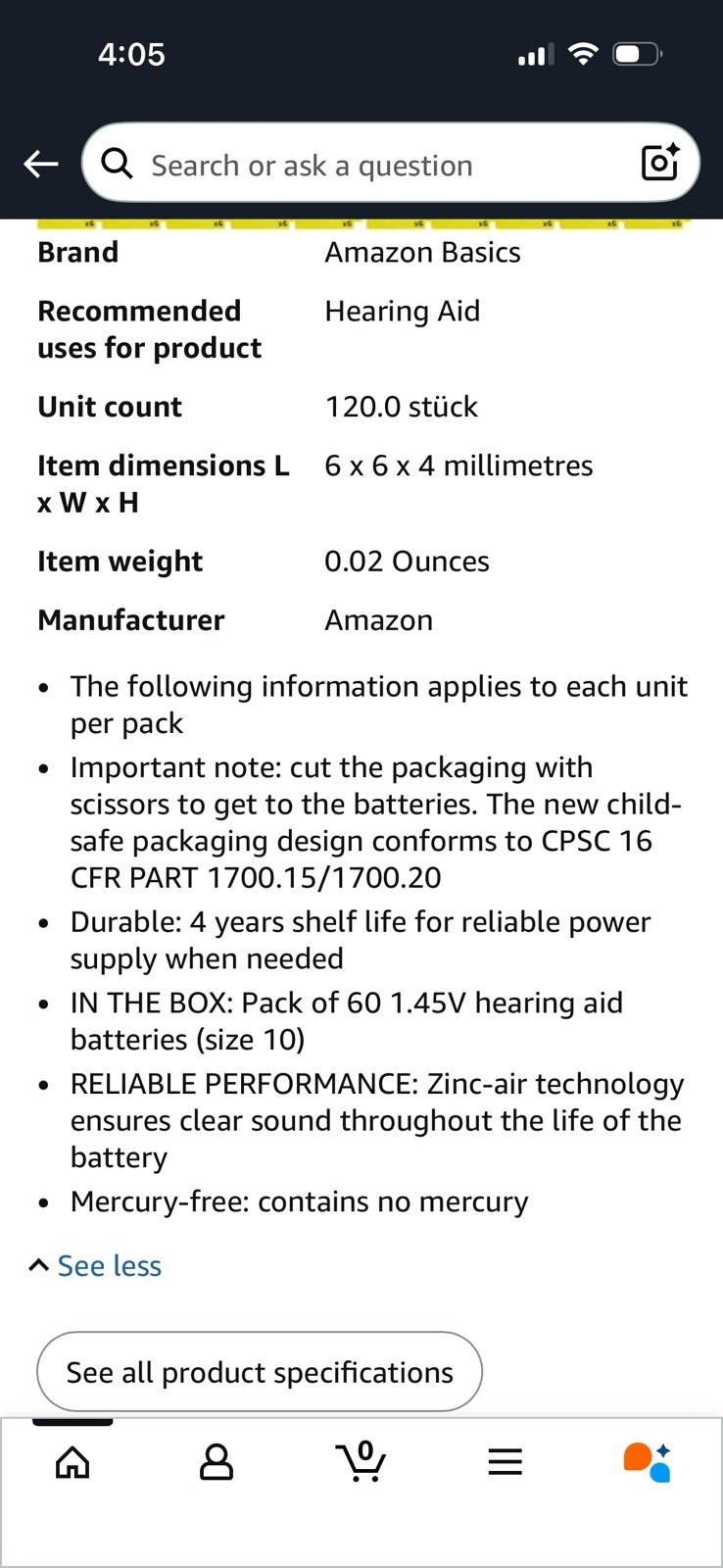 120 Amazon Basics 1.45 V Sz 10 Hearing Aid Batteries Exp. 9/24/28 20 Packs of 6
