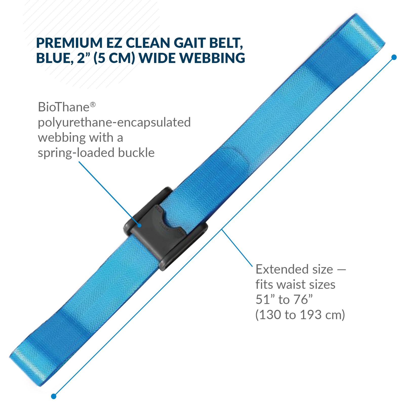 Posey 6546Bl Premium Ez Clean Gait Belt Spring-Loaded Buckle Blue 80