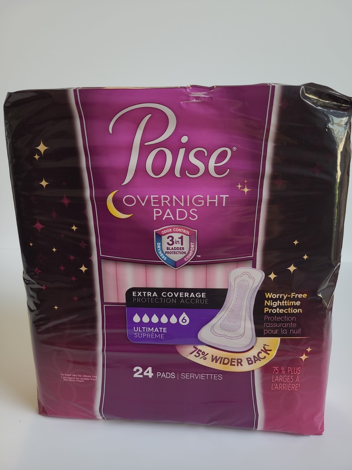Poise Overnight Incontinence Pads, Ultimate Absorbency, Extra Coverage, 24 ct
