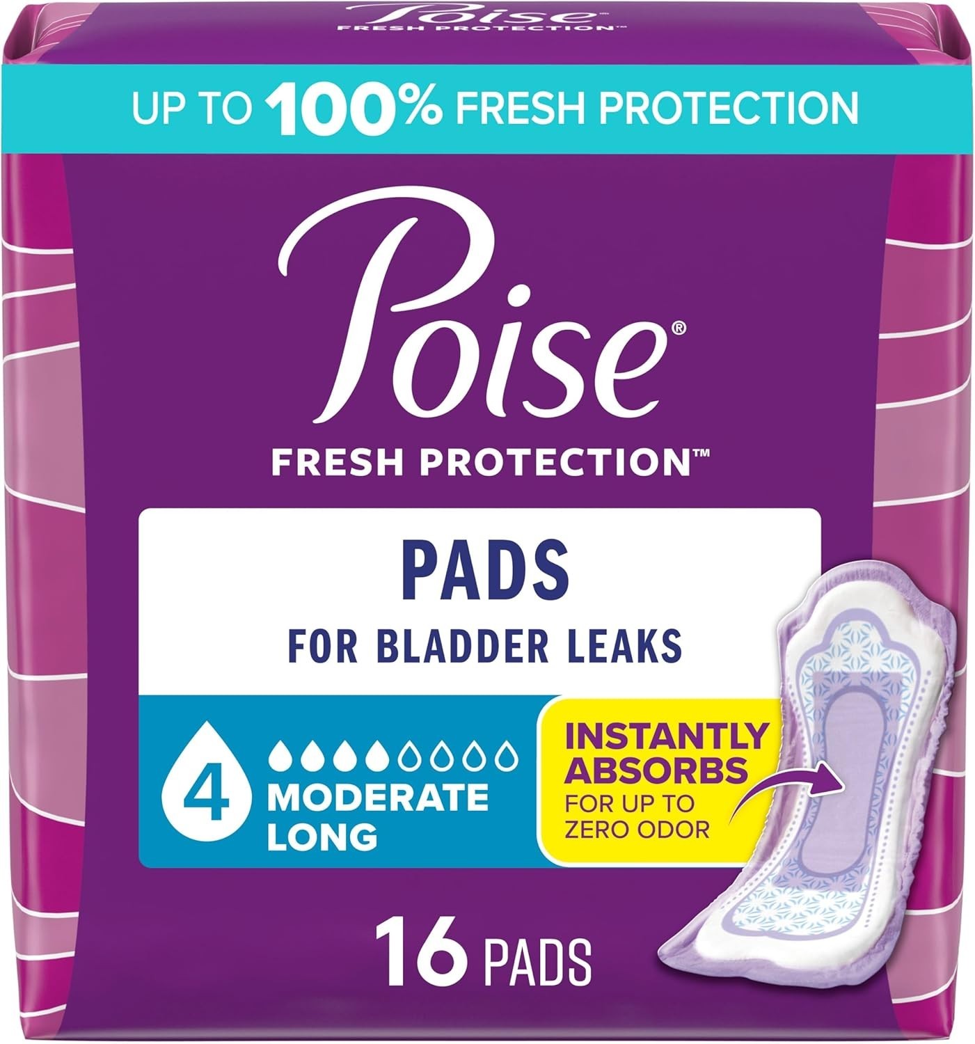 Poise Incontinence & Postpartum Pads – 16 Count, 4 Drop Moderate Absorbency Long