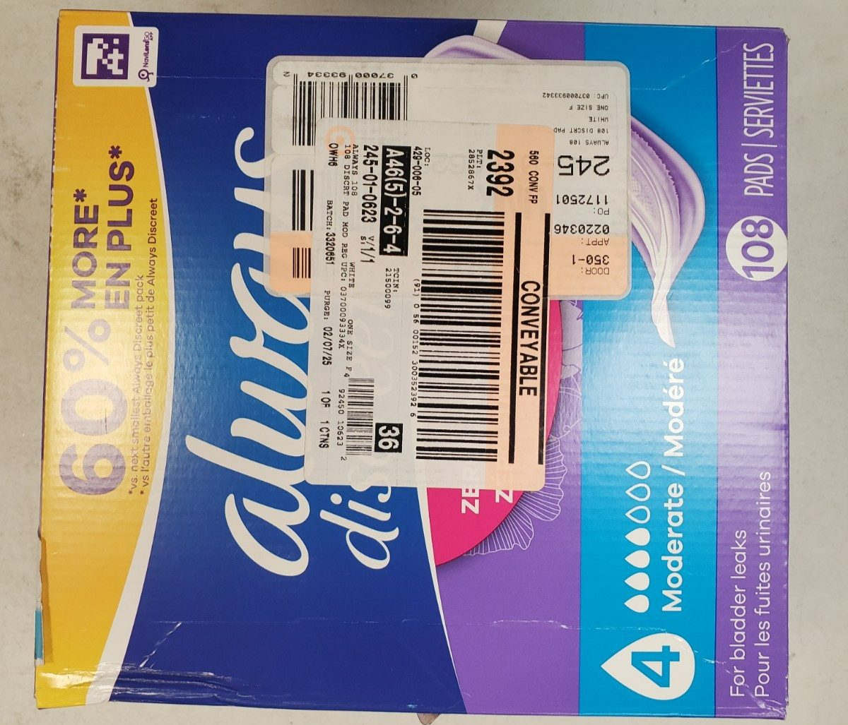 108 Count Always Discreet Incontinence Pads *4 Moderate* Reg. Length 3342-R9P1b