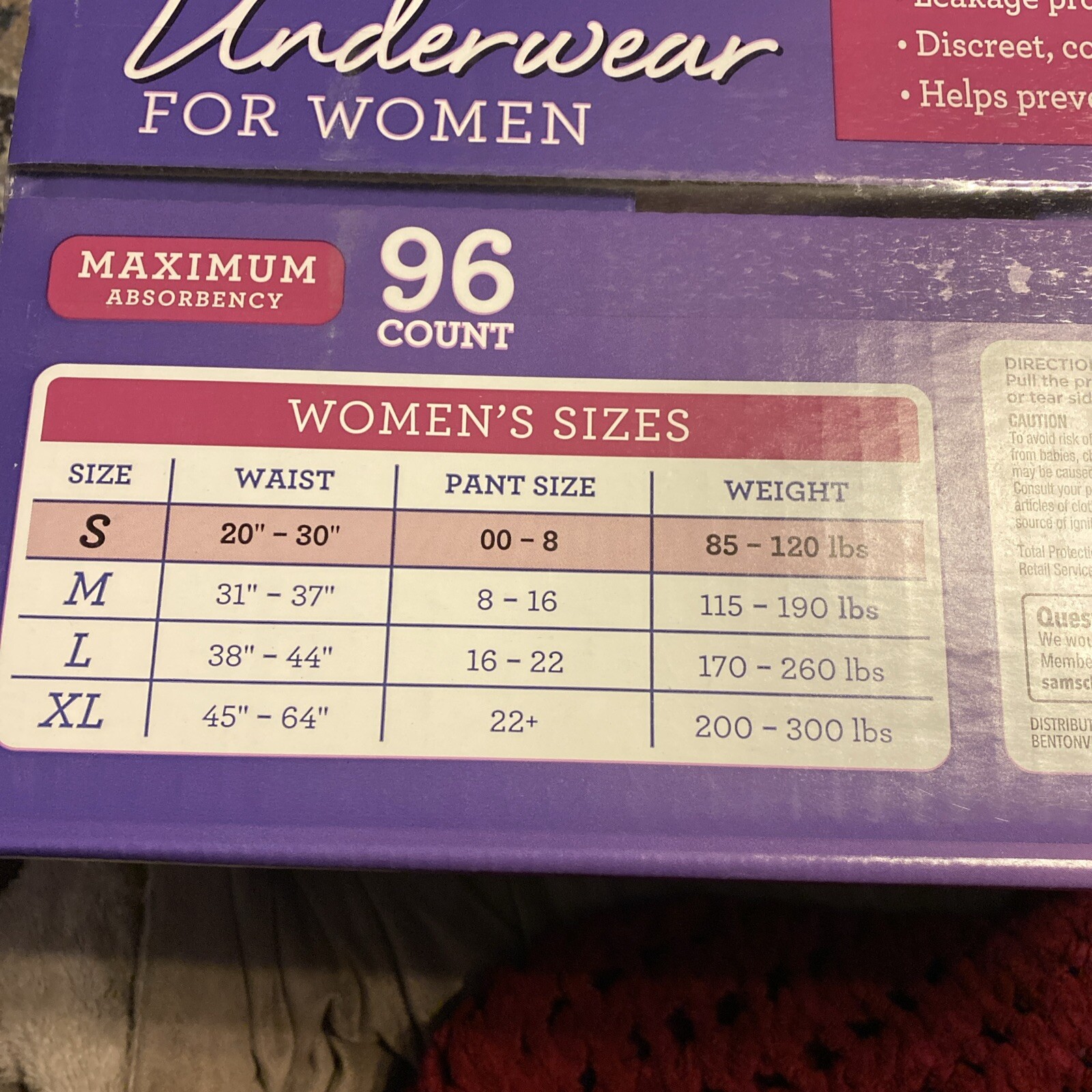 Member’s Mark Women’s Total Protection Incontinence Underwear 96 Ct Size S NIB