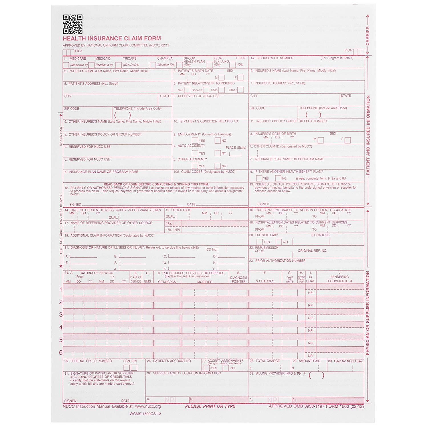 500 CMS-1500 Claim Forms – Current HCFA 02/2012 Version 500 Sheets 8.5 x 11