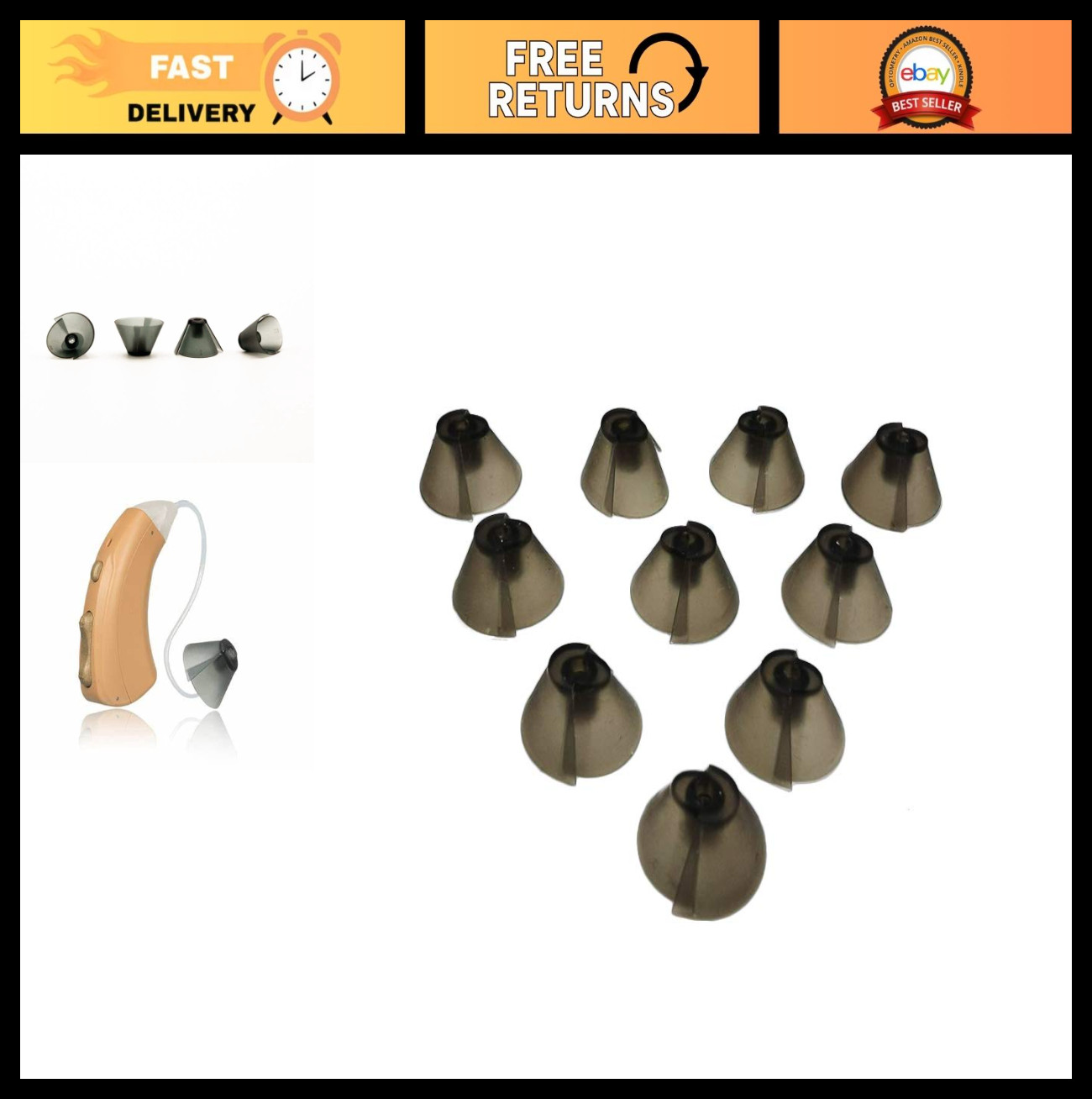 Comfortable Hearing Aid Tulip Domes – Dark Gray Split Ear Tips, BTE Amplifier Ki