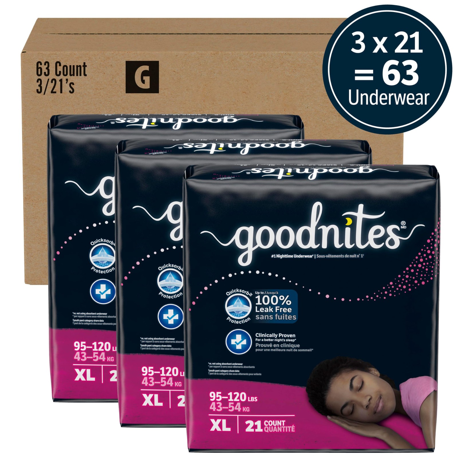 Goodnites Girls’ Nighttime Underwear XL 95-120 lbs 63 Ct (3 Packs of 21)