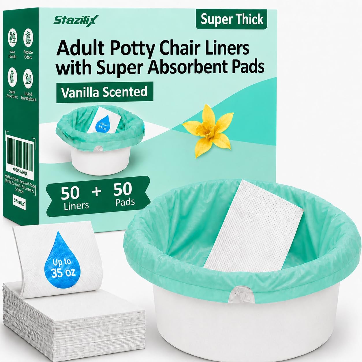 Adult Potty Chair Liners Absorbent Pads 50 Liners Pads Elderly Seniors Care