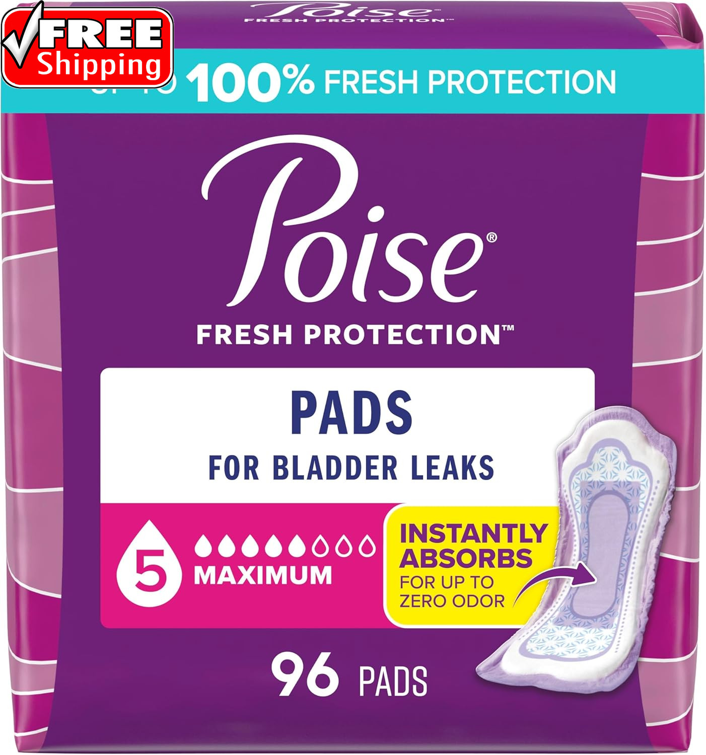 Poise Incontinence & Postpartum Pads for Bladder Leaks, 5 Drop Maximum Absorbenc