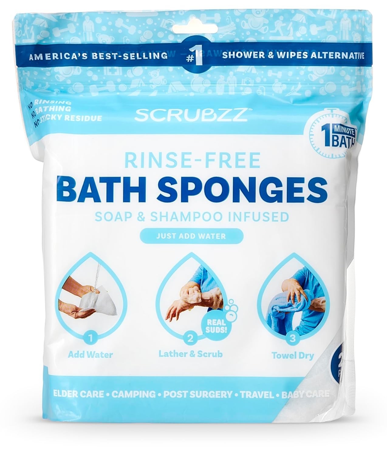 Hypoallergenic Rinse-Free Bath Wipes – 25 Count for Sensitive Skin Needs