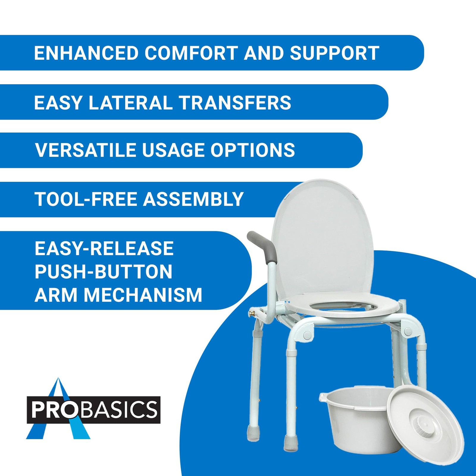 Probasics Drop Arm Adjustable Bedside Folding Commode Chair Portable Handles