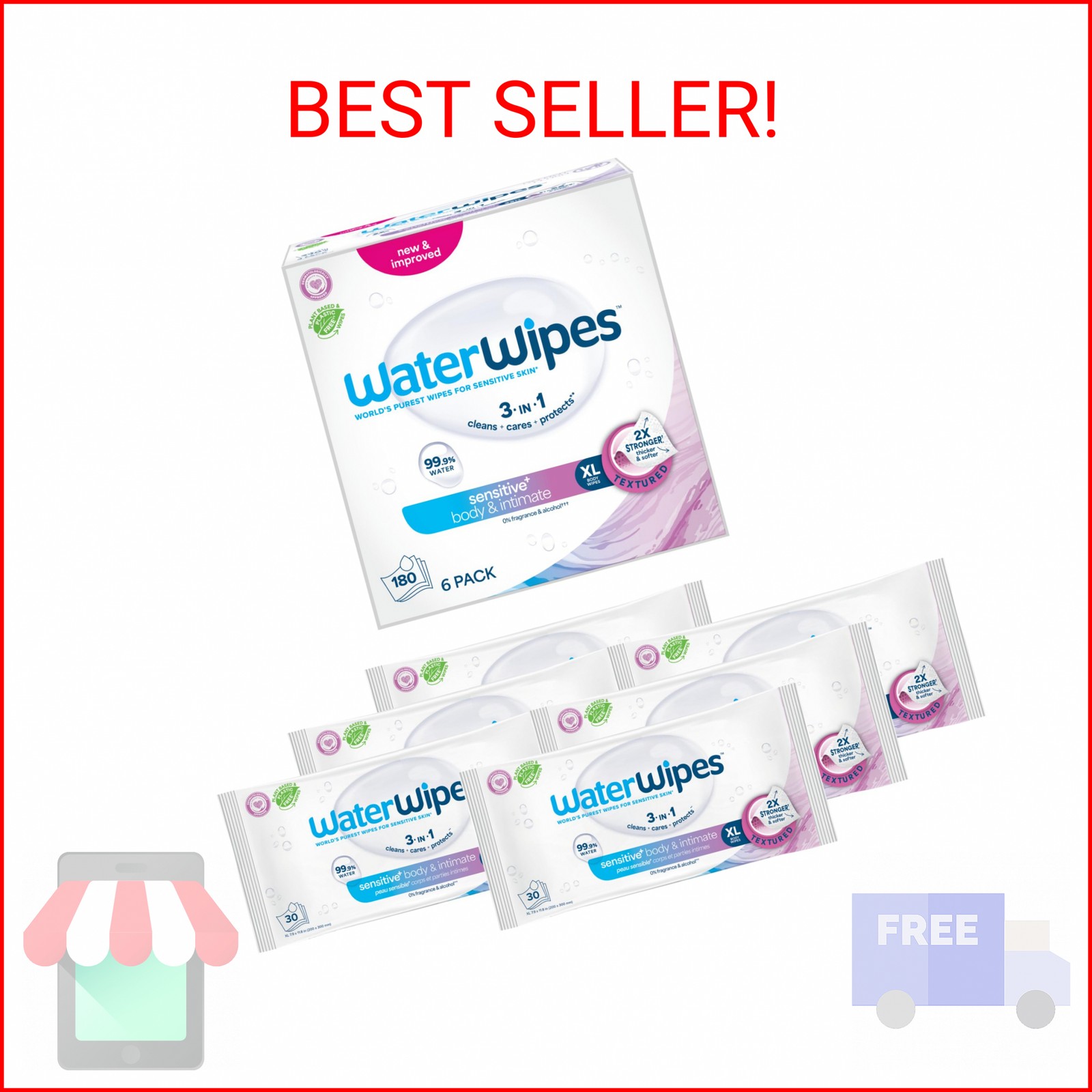 WaterWipes Sensitive Whole Body Cleansing Wipes, 99.9% Purified Water, XL Textur