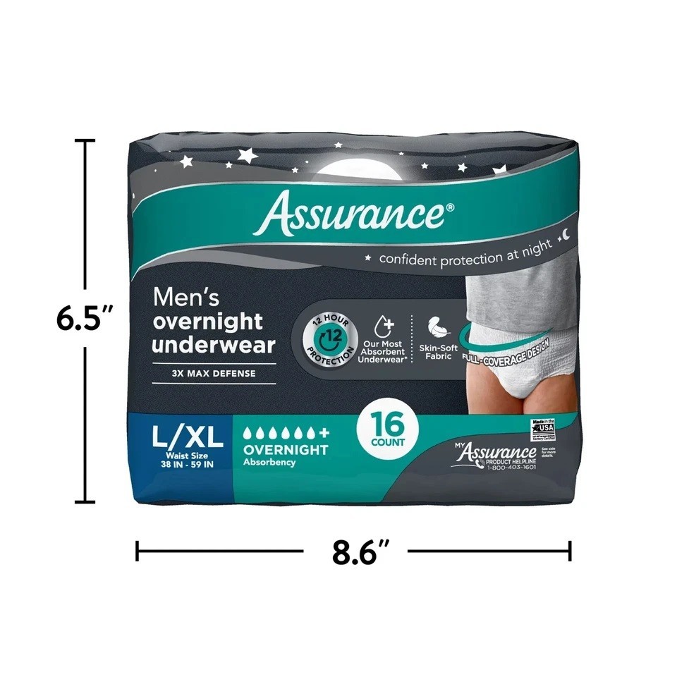 Assurance Men Incontinence Overnight Underwear Max Absorb, 64 Ct 4×16 Large/XL