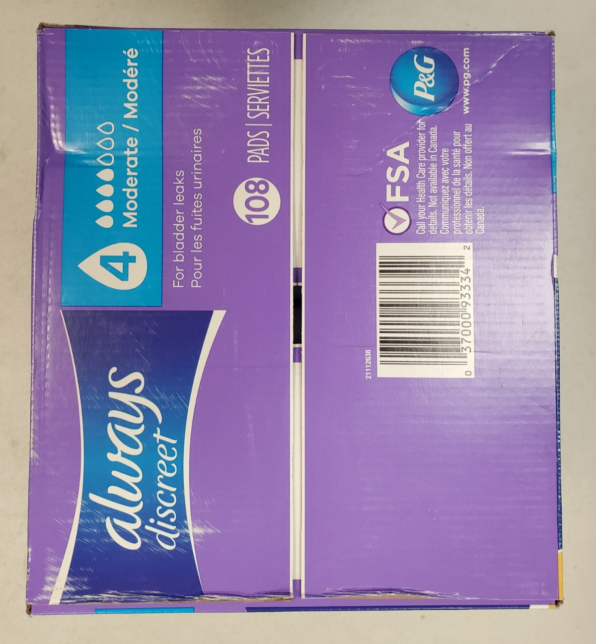 108 Count Always Discreet Incontinence Pads *4 Moderate* Reg. Length 3342-R9P1b