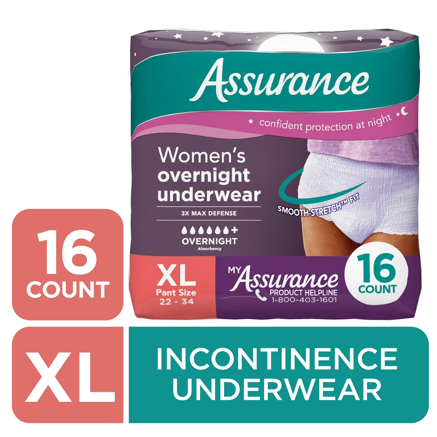 (2 Pack) Assurance Women’s Incontinence Postpartum Underwear XL Overnight, 16 Ct