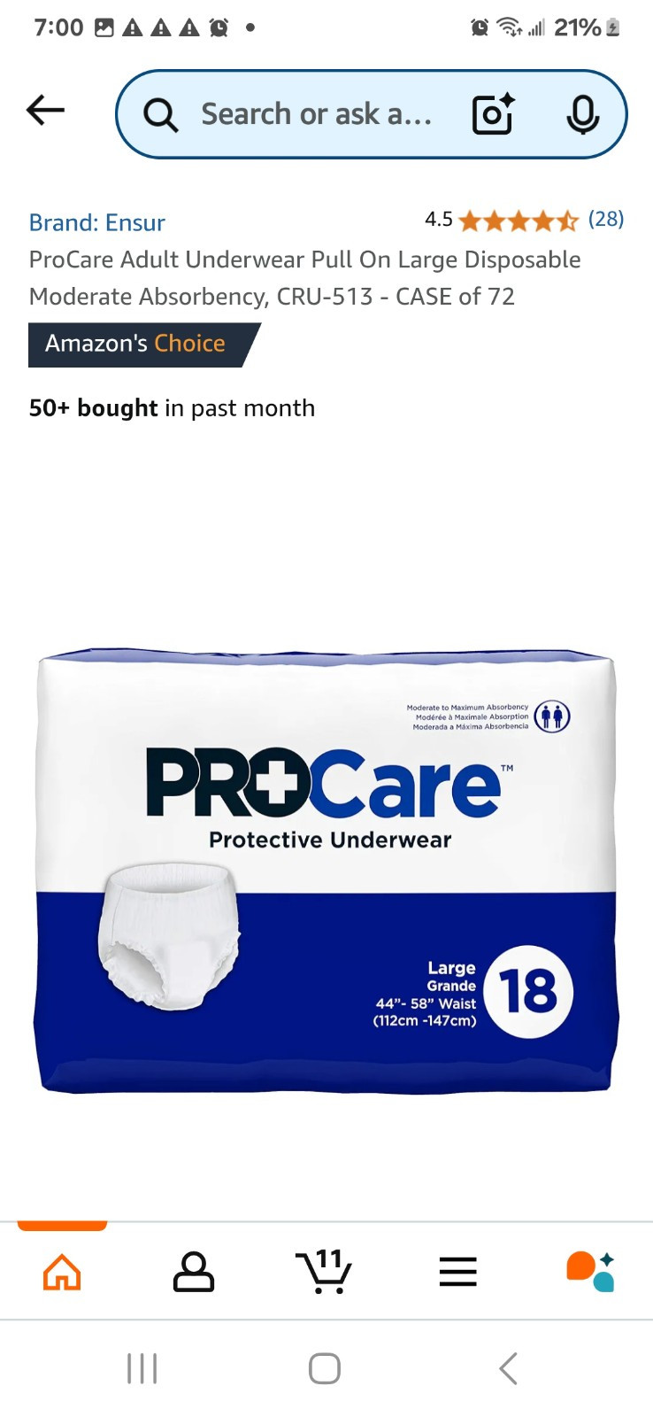Procare ~ Protective Underwear ~ Pack Of 18~ Size Large 44″ – 58” (112cm-147cm)