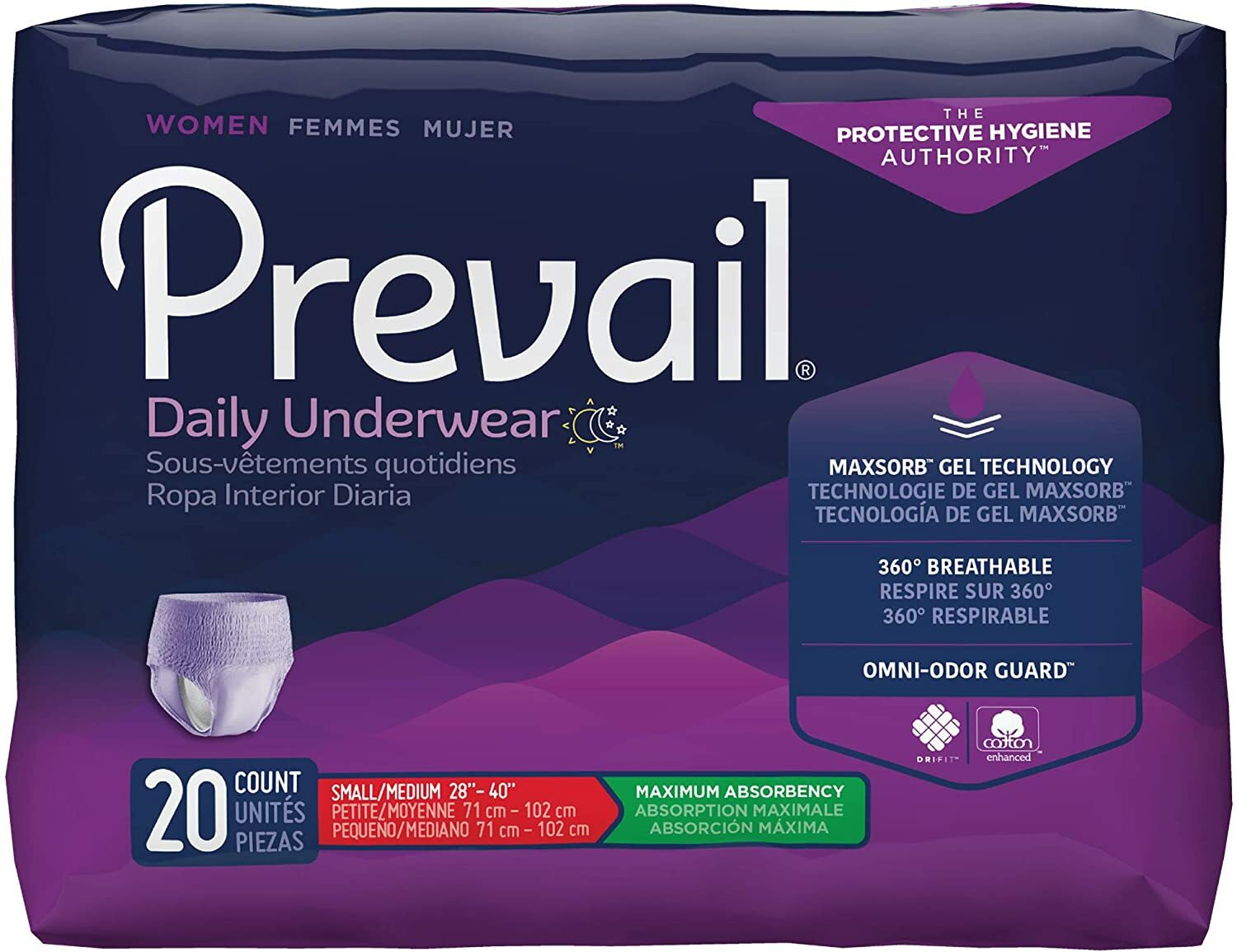 Prevail Classic Fit For Women, Sm/Med 28in-40in Waist – Bag of 20