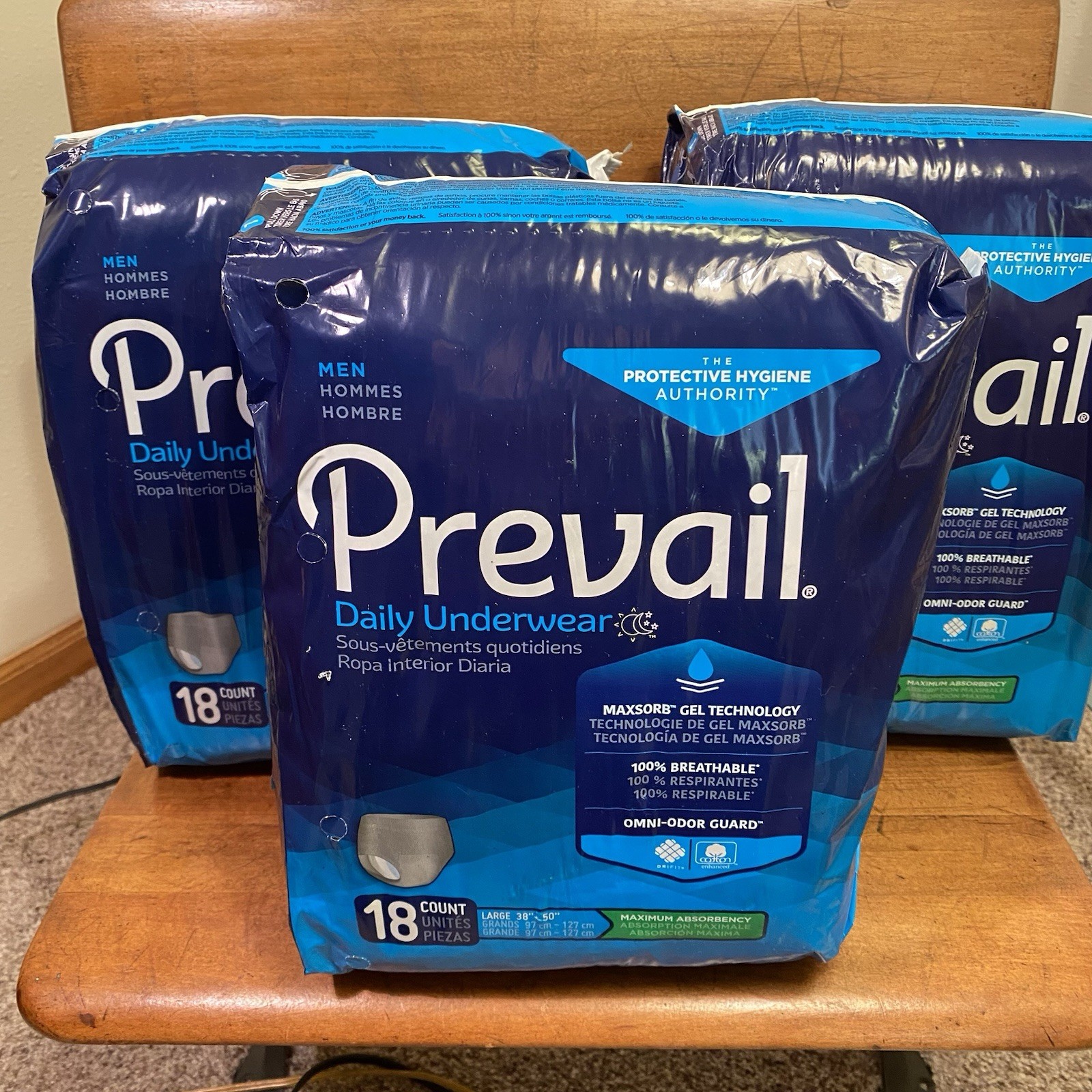Lot—3 Prevail Men’s Daily Underwear Sz Large 38”—50” 18 Count Maxsorb 54 Pc NEW